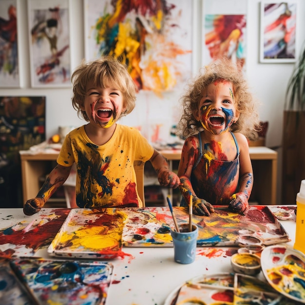 Cute children laughing together and having fun with paints Painted in skin hands Child portrait