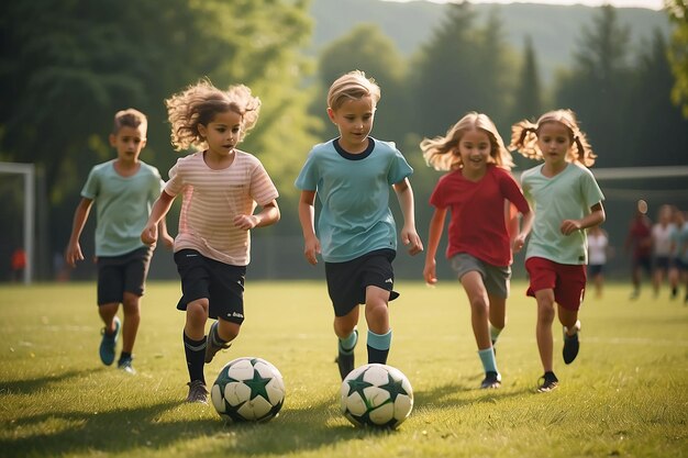 Cute children playing soccer outdoors on sunny day Summer camp