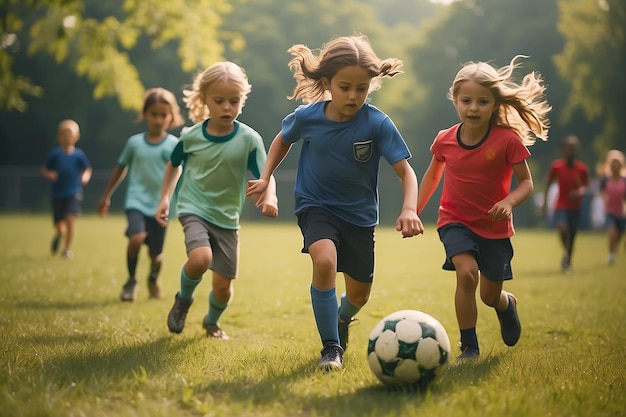 Cute children playing soccer outdoors on sunny day Summer camp