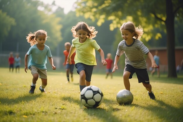 Cute children playing soccer outdoors on sunny day Summer camp