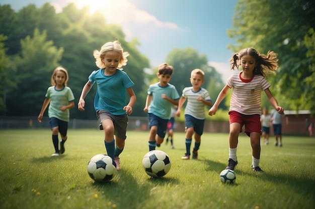 Cute children playing soccer outdoors on sunny day Summer camp