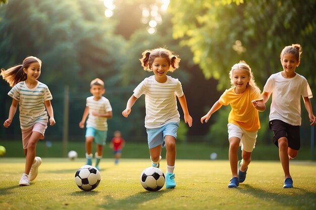 Cute children playing soccer outdoors on sunny day Summer camp