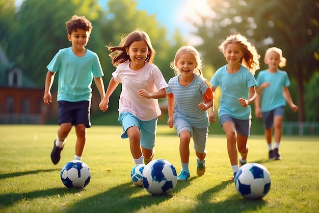 Cute children playing soccer outdoors on sunny day Summer camp