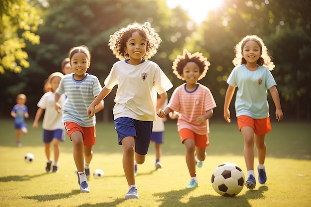 Cute children playing soccer outdoors on sunny day Summer camp