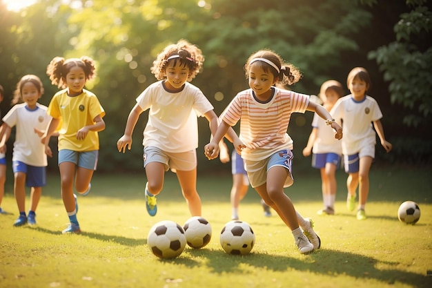 Cute children playing soccer outdoors on sunny day Summer camp