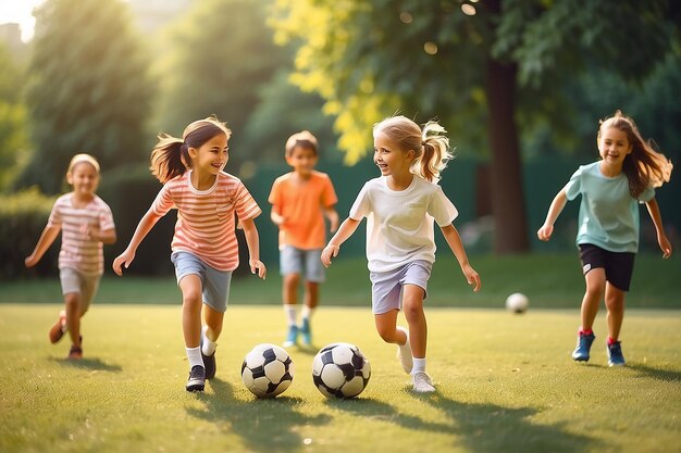 Cute children playing soccer outdoors on sunny day Summer camp