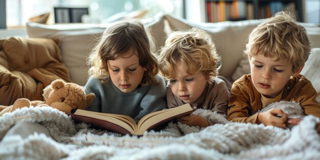 Cute children reading a book and smiling while sitting on a sofa in the room ai generated