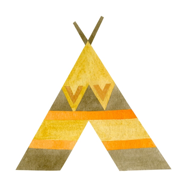 Cute childrens watercolor illustration of a wigwam isolated on a white background