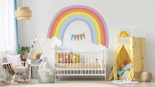 Cute childs room interior with beautiful rainbow painted on wall generative ai