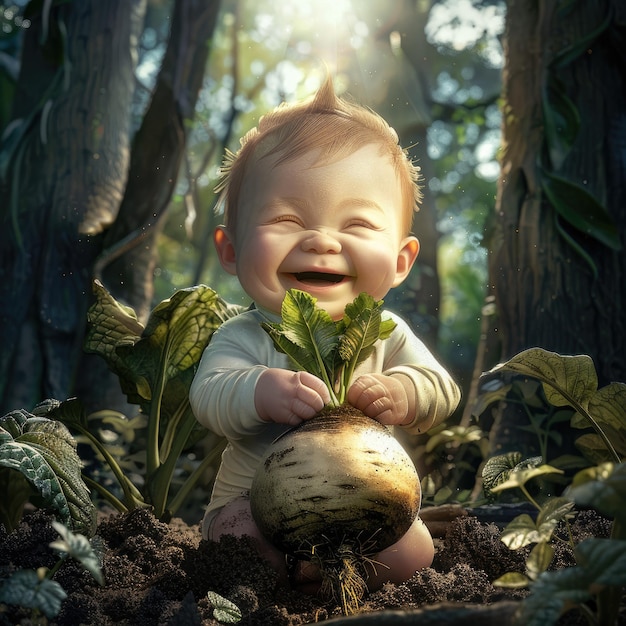 A cute Chinese baby boy smiling and holding an adorable small turnip in the garden full of green plants The ground is covered with brown soil