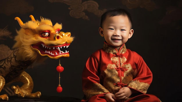 A Cute chinese boy dressed in gorgeous Hanfu 2 years old with a smile on his face surrounded by a huge golden dragon Red and gold themes are festive Chinese New Year