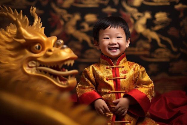 A Cute chinese boy dressed in gorgeous Hanfu 2 years old with a smile on his face surrounded by a huge golden dragon Red and gold themes are festive Chinese New Year