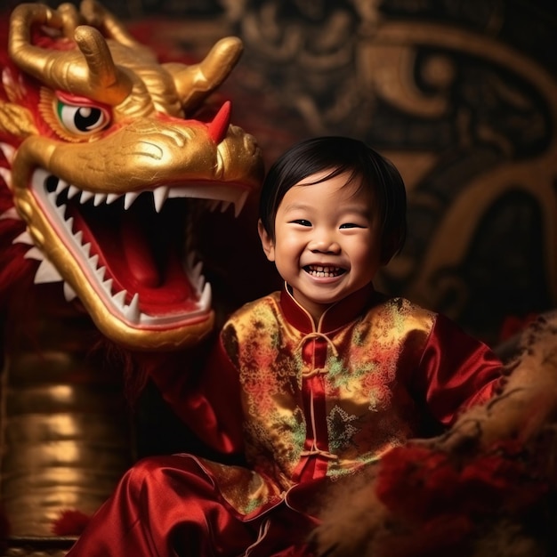 A Cute chinese little girl dressed in gorgeous Hanfu 2 years old with a smile on his face surrounded by a huge golden dragon Red and gold themes are festive Chinese New Year