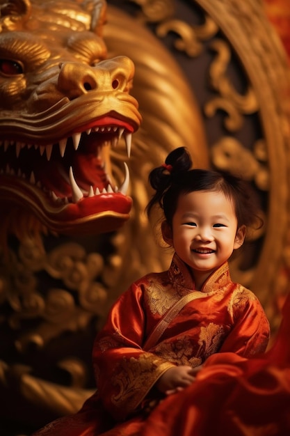 A Cute chinese little girl dressed in gorgeous Hanfu 2 years old with a smile on his face surrounded by a huge golden dragon Red and gold themes are festive Chinese New Year