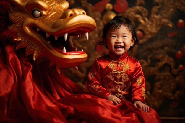 A Cute chinese little girl dressed in gorgeous Hanfu 2 years old with a smile on his face surrounded by a huge golden dragon Red and gold themes are festive Chinese New Year