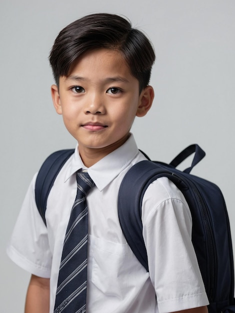 A cute chinese school boy wareing school uniform with backpack on solid white color background