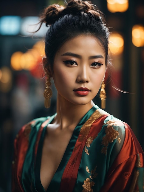 Cute Chinese women with a messy top knot bun mesh beautiful crop top dress