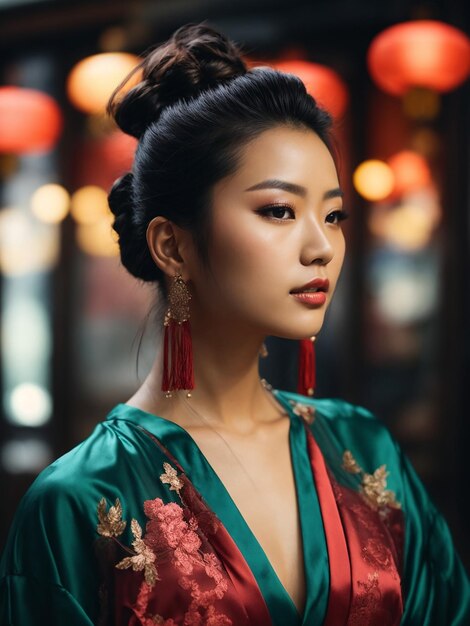 Cute Chinese women with a messy top knot bun mesh beautiful crop top dress