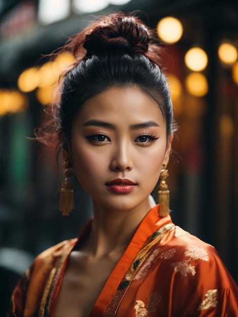 Cute Chinese women with a messy top knot bun mesh beautiful crop top dress