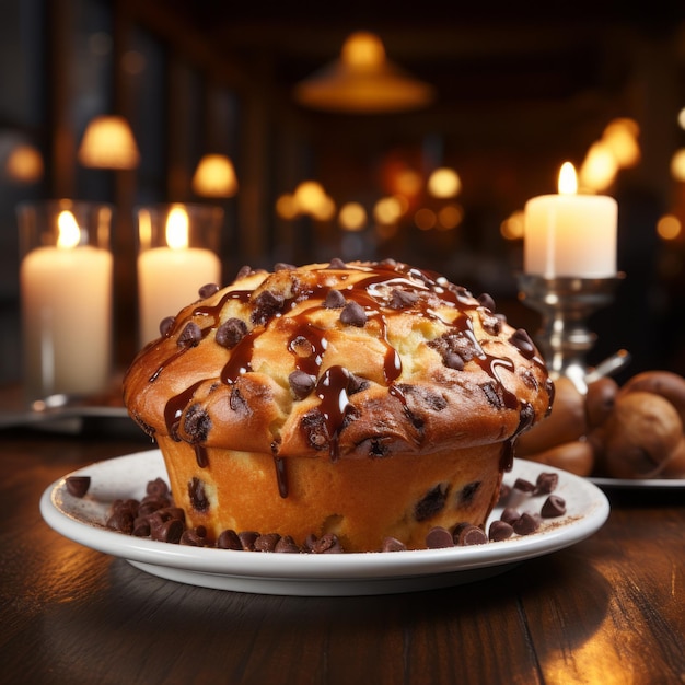 Cute chocolate chip muffin on wood table with candle flame