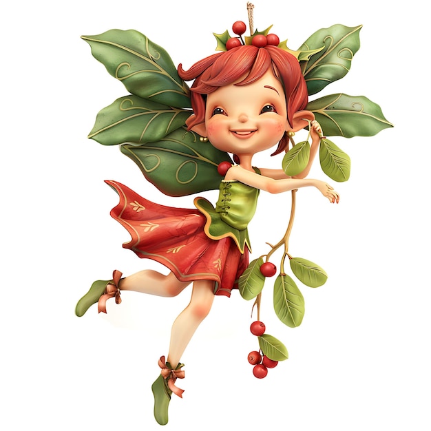 Photo cute christmas holly fairy with red hair and green dress