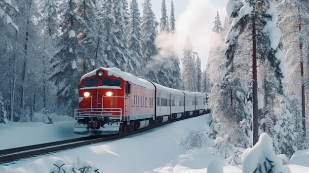 Cute christmas train goes through fantastic winter forest Illustration AI Generative