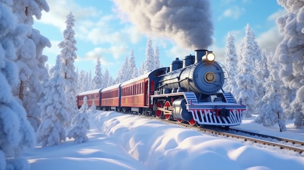 Cute christmas train goes through fantastic winter forest Illustration AI Generative