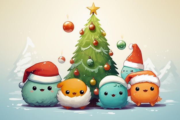 Cute Christmas tree with cute monsters