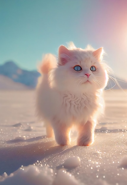 A cute chubby short-legged mini American white kitten. AI Generated