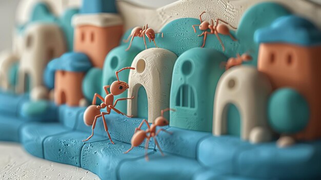 Photo cute clay miniature town with ants