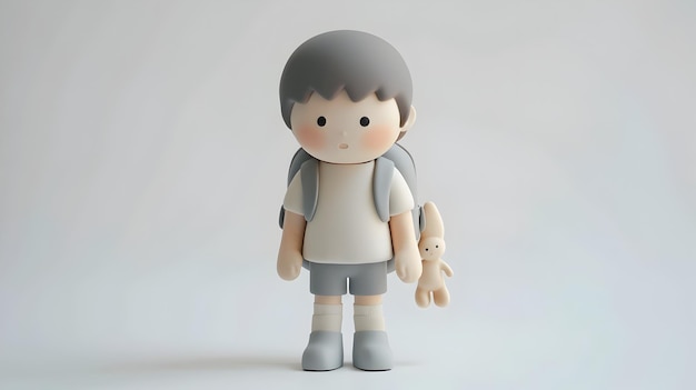 Cute Clay Student in Backpack on White Background