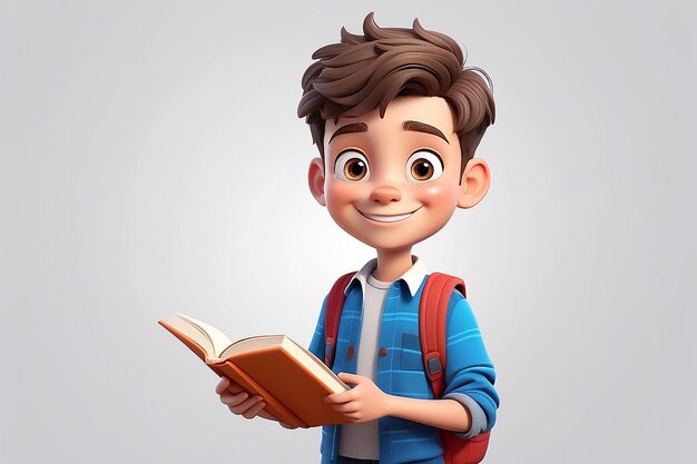 Cute and clever smiling young school student boy holding book Cartoon style vector illustration isolated on white background