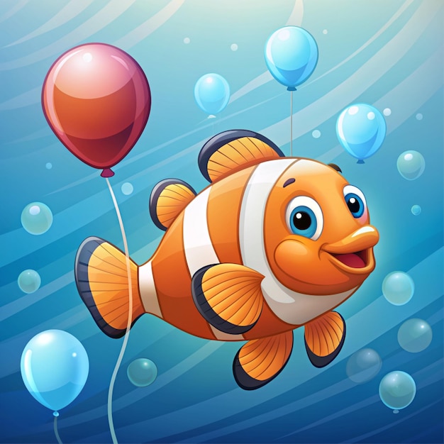 Photo cute clown fish swimming with balloon cartoon vector icon illustration animal holiday icon concept isolated premium vector flat cartoon style