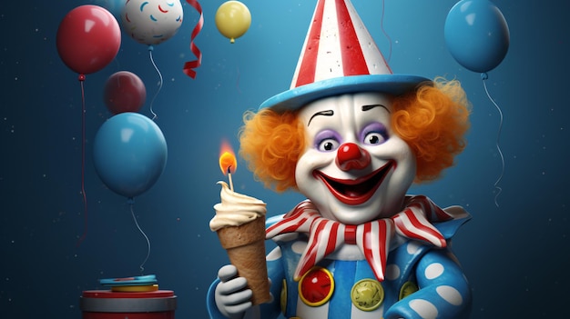 Cute clown wishes happy birthday with noisemaker