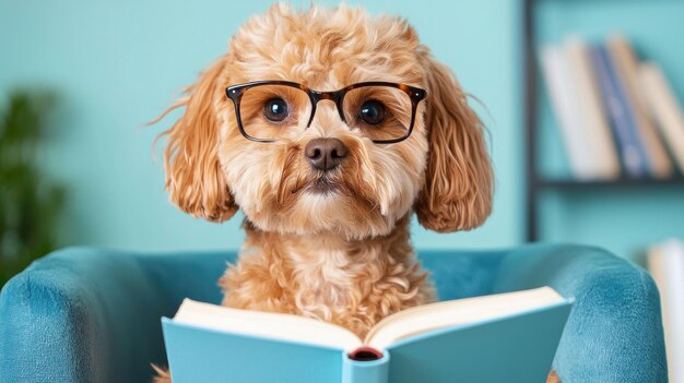 Photo cute cockapoo dog wearing glasses reading a book in a cozy living room