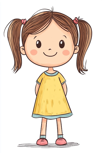 Photo cute colorful cartoon illustration of a girl with simple attire on white background