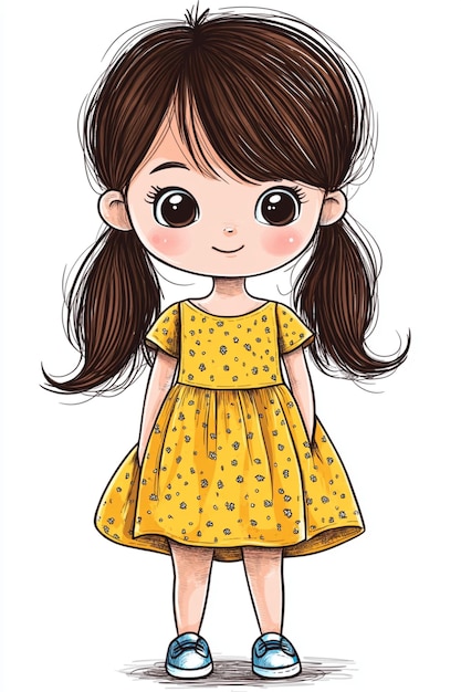 Photo cute colorful cartoon illustration of a girl with simple attire on white background