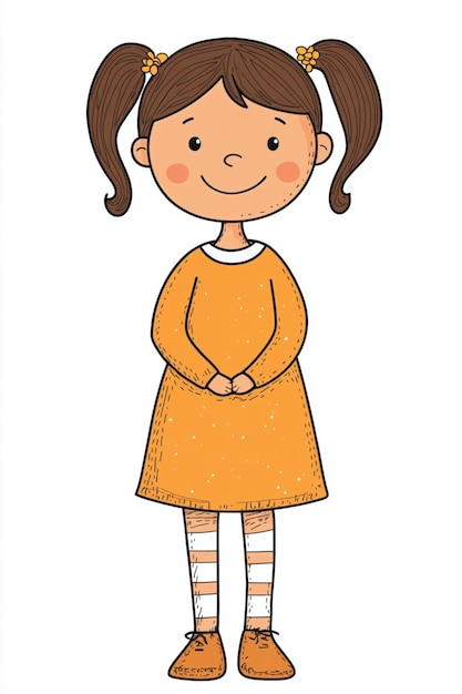 Photo cute colorful cartoon illustration of a girl with simple attire on white background