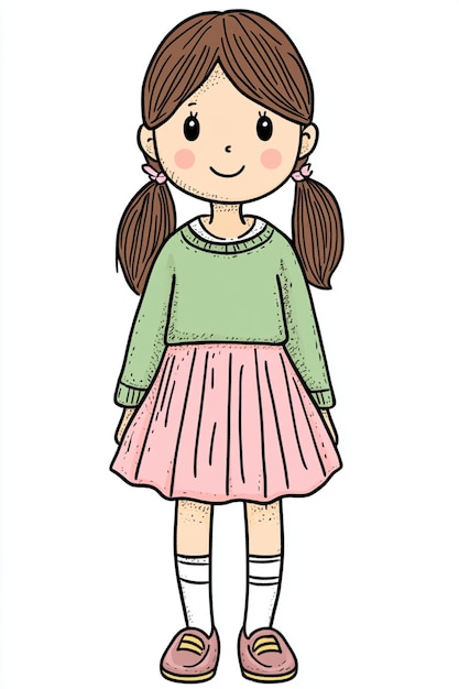 Photo cute colorful cartoon illustration of a girl with simple attire on white background