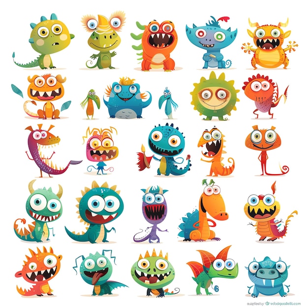 Photo cute colorful cartoon monsters with various expressions