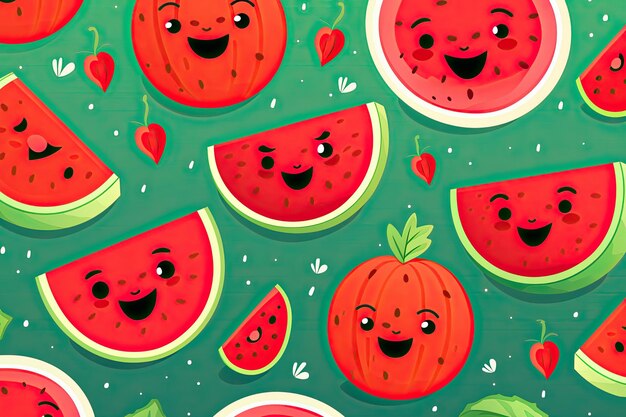 Photo cute and colorful cartoon watermelon and pumpkin seamless pattern background