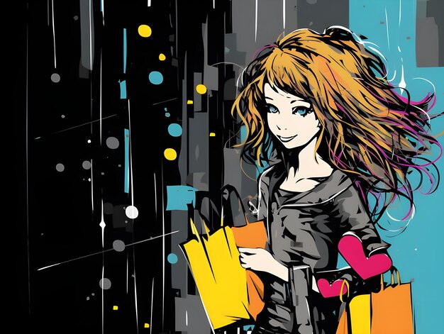 Photo cute colorful digital art design of a lady carrying shopping bags in doodle line art illustration