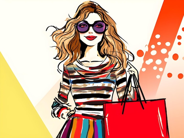 Photo cute colorful digital art design of a lady carrying shopping bags in doodle line art illustration