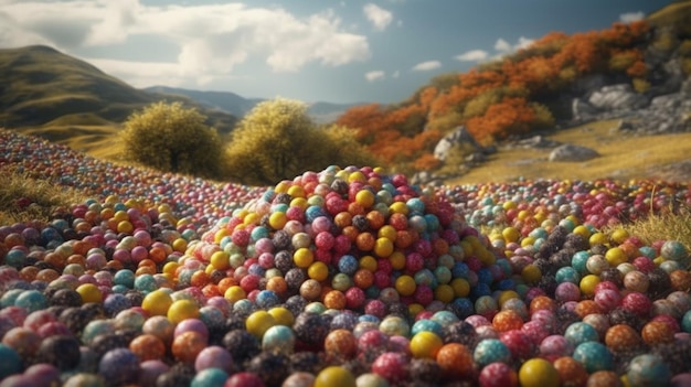 Cute colorful fantasy candy landscape with many sweets and big lollipop