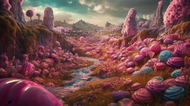 Cute colorful fantasy candy landscape with many sweets and big lollipop