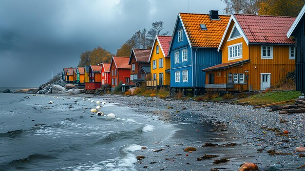 Photo cute colorful houses along shoreline in storm