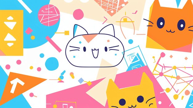 A cute and colorful illustration of a cat surrounded by various geometric shapes and patterns