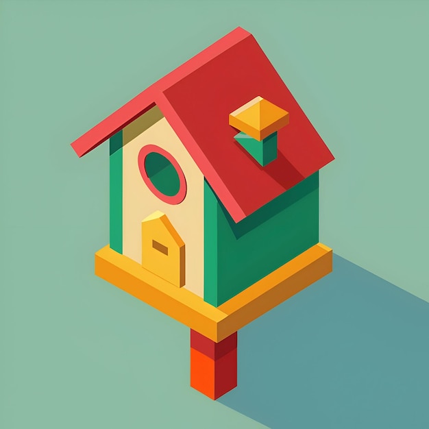 Cute and colorful isometric birdhouse with a red roof and a green body perfect for adding a touch of nature to your designs