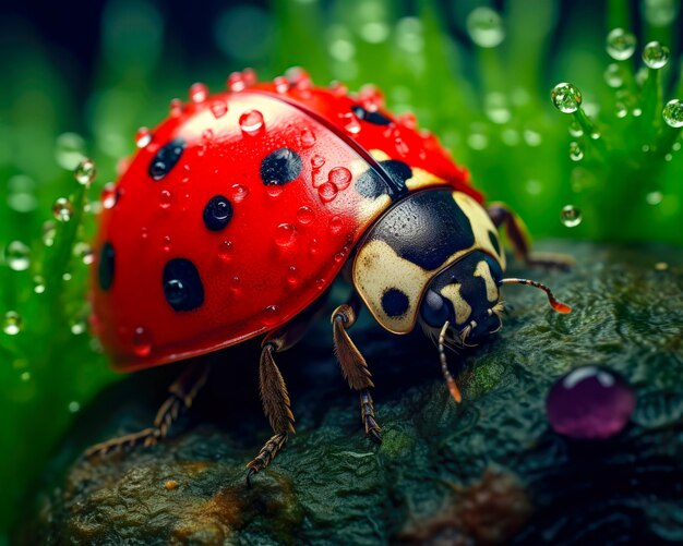 A Cute and Colorful Ladybug Detailed Closeup Shot of a Red and Black Insect on a Green and Purple