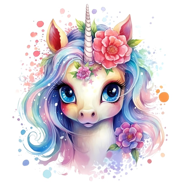 Cute colorful magic unicorn with flowers in watercolor style